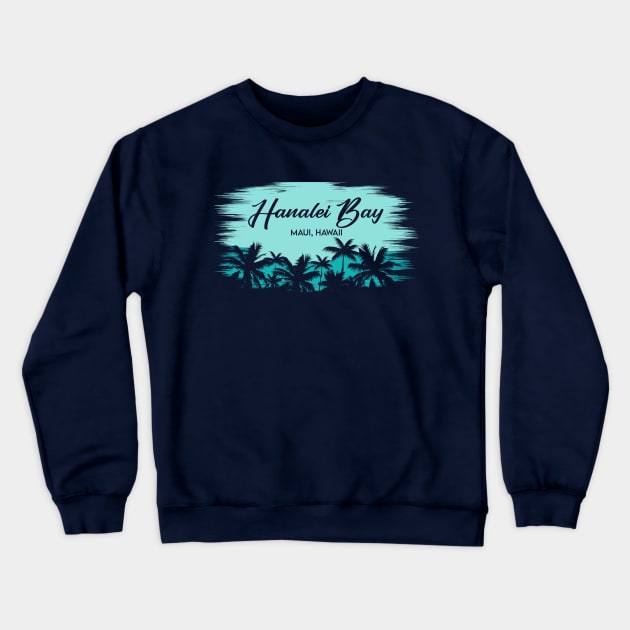 Hanalei Bay Maui, Hawaii Retro Beach Landscape with Palm Trees Crewneck Sweatshirt by Now Boarding